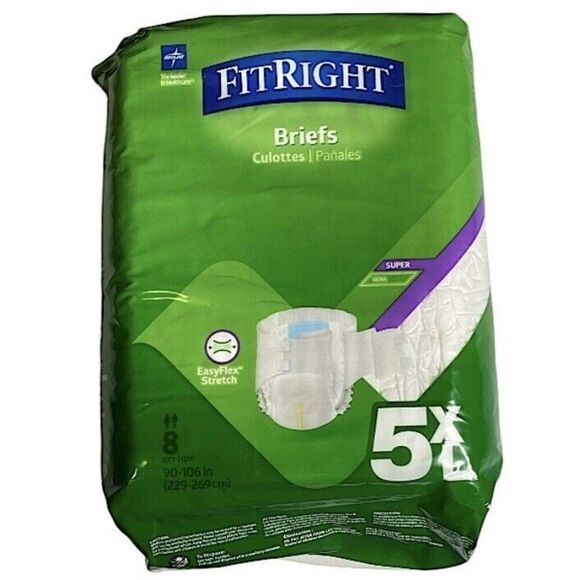 FitRight Adult Diapers Incontinence Briefs with Tabs 8 Count New 5XL 90-106 in - Picture 1 of 3